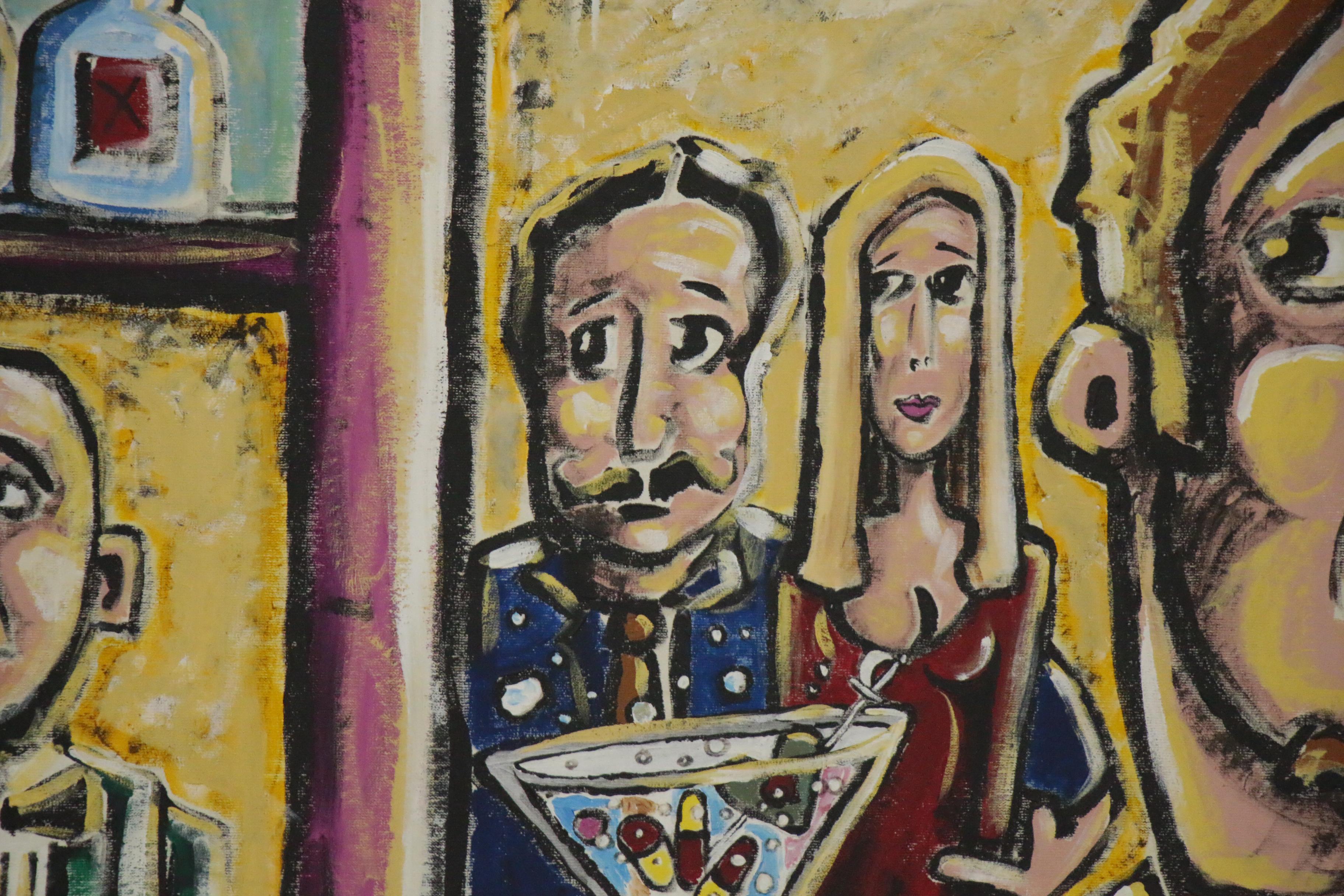 Big Chief Folk Art Oil Painting "Angel in Bar Room," 21st Century