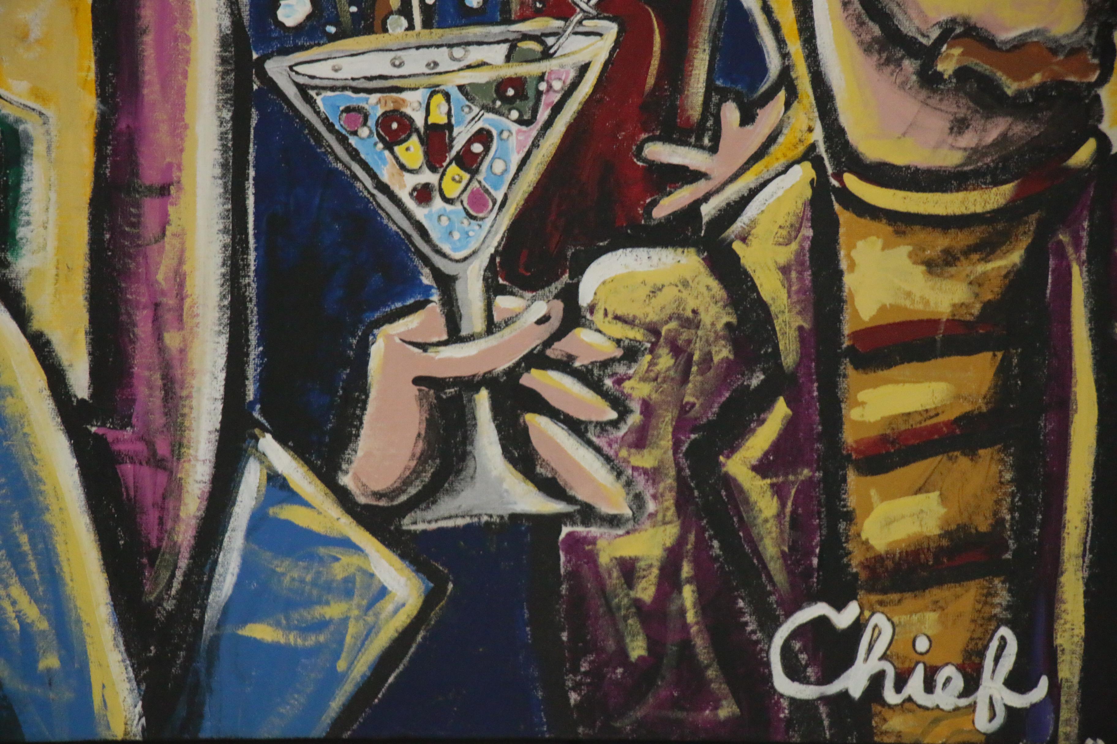 Big Chief Folk Art Oil Painting "Angel in Bar Room," 21st Century