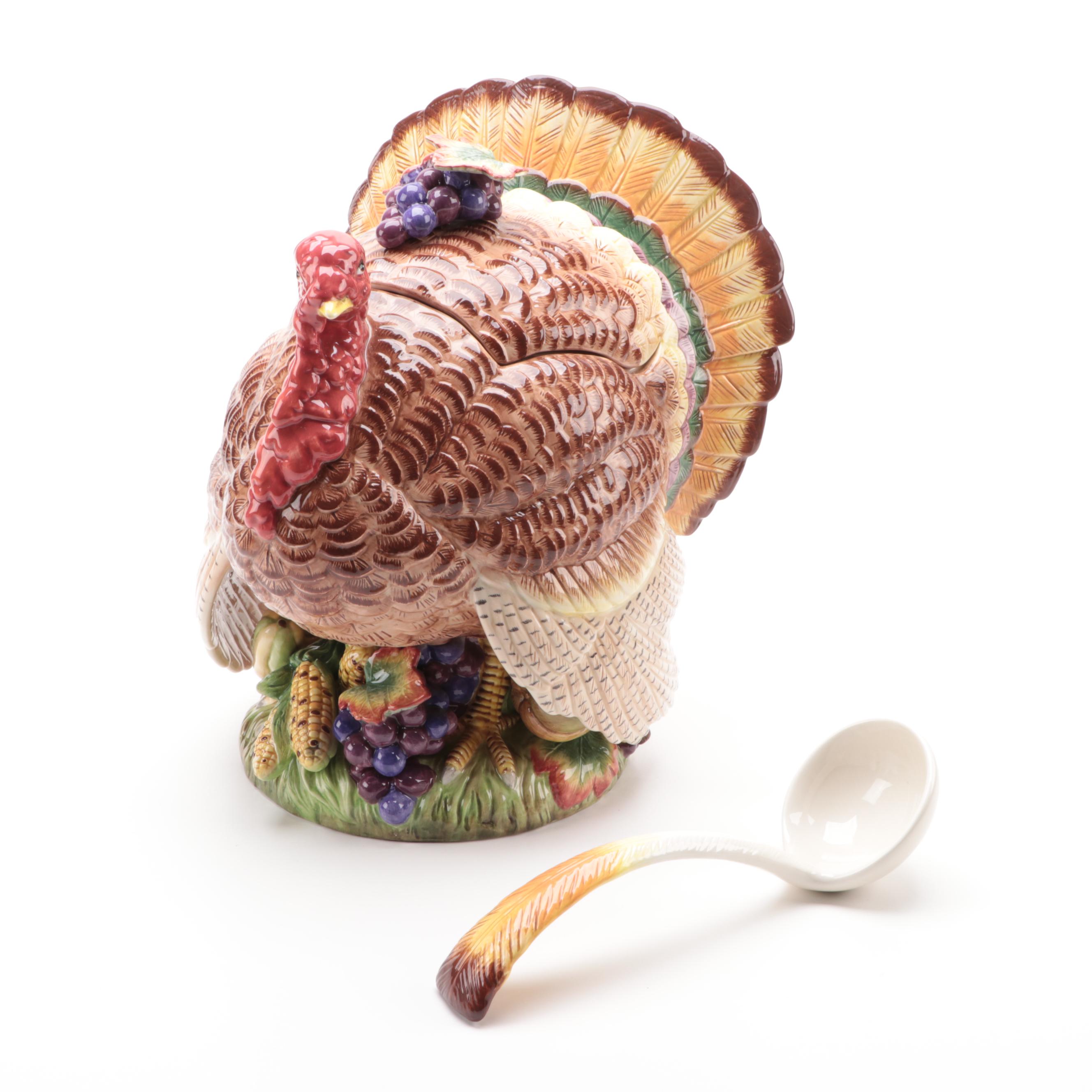 Fitz and Floyd "Autumn Bounty" Ceramic Turkey Tureen with Ladle, 1996–1999