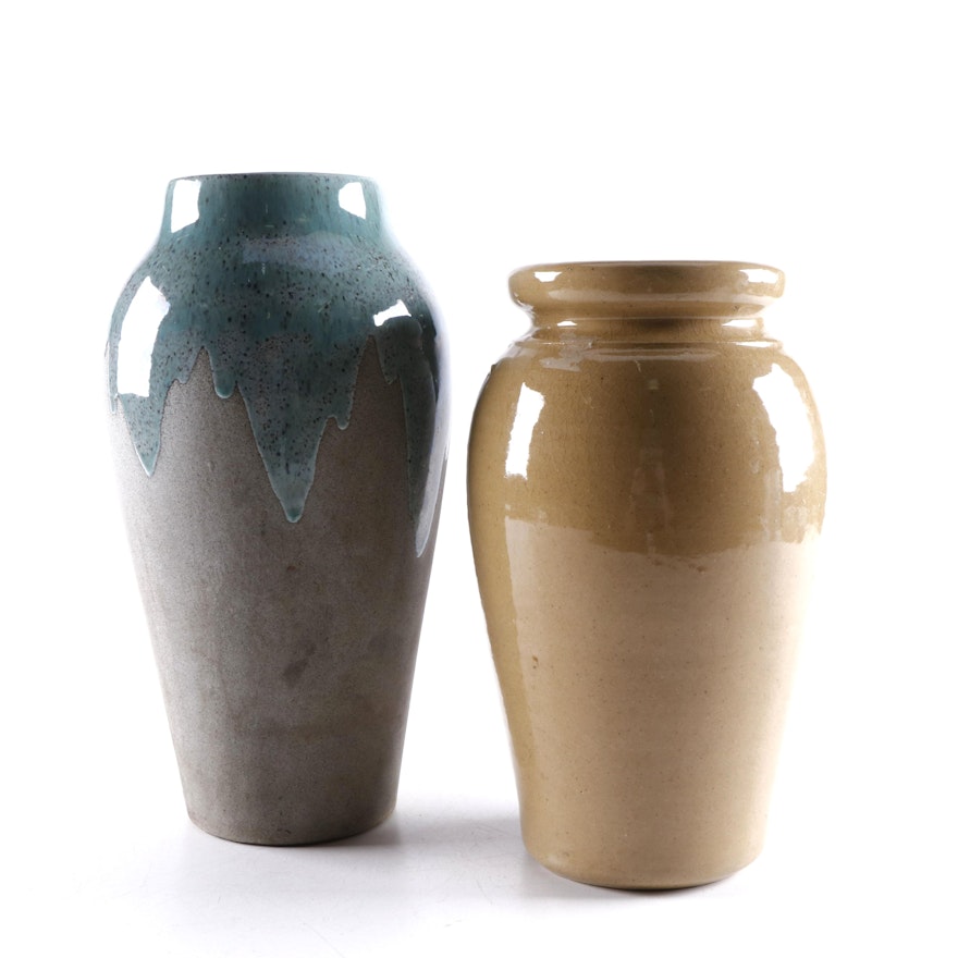 Teal Drip Glaze Gray Art Pottery Vase with Tan Art Pottery Vase