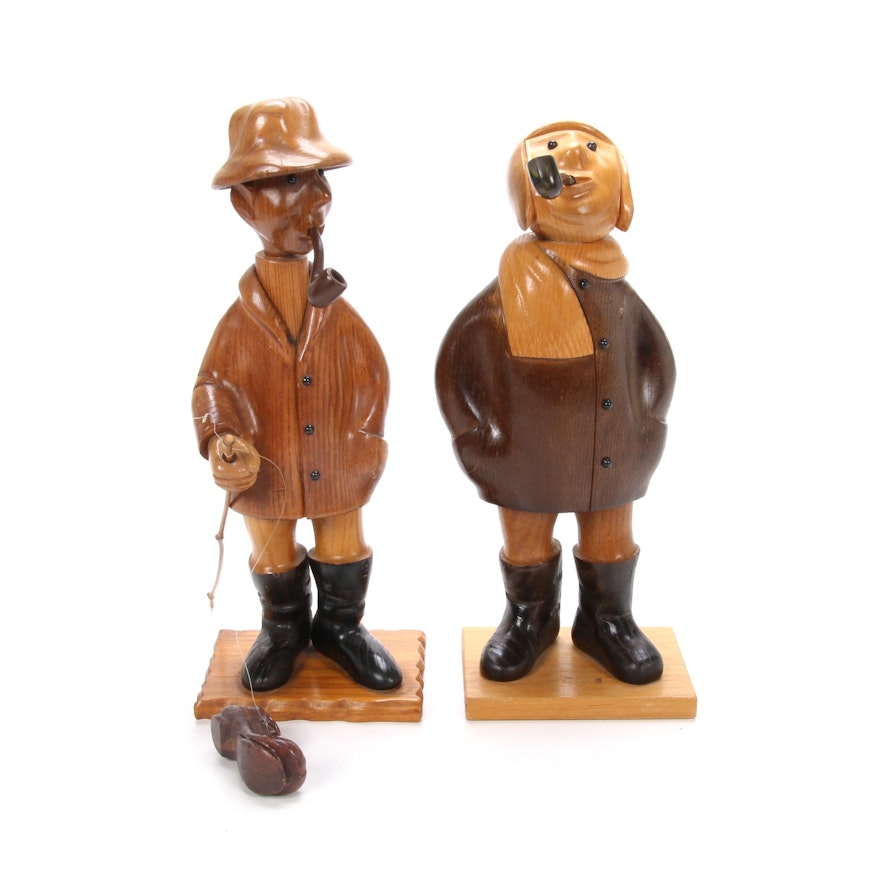 Romer of Italy Hand Carved Wooden Fisherman and Aviator Figurines