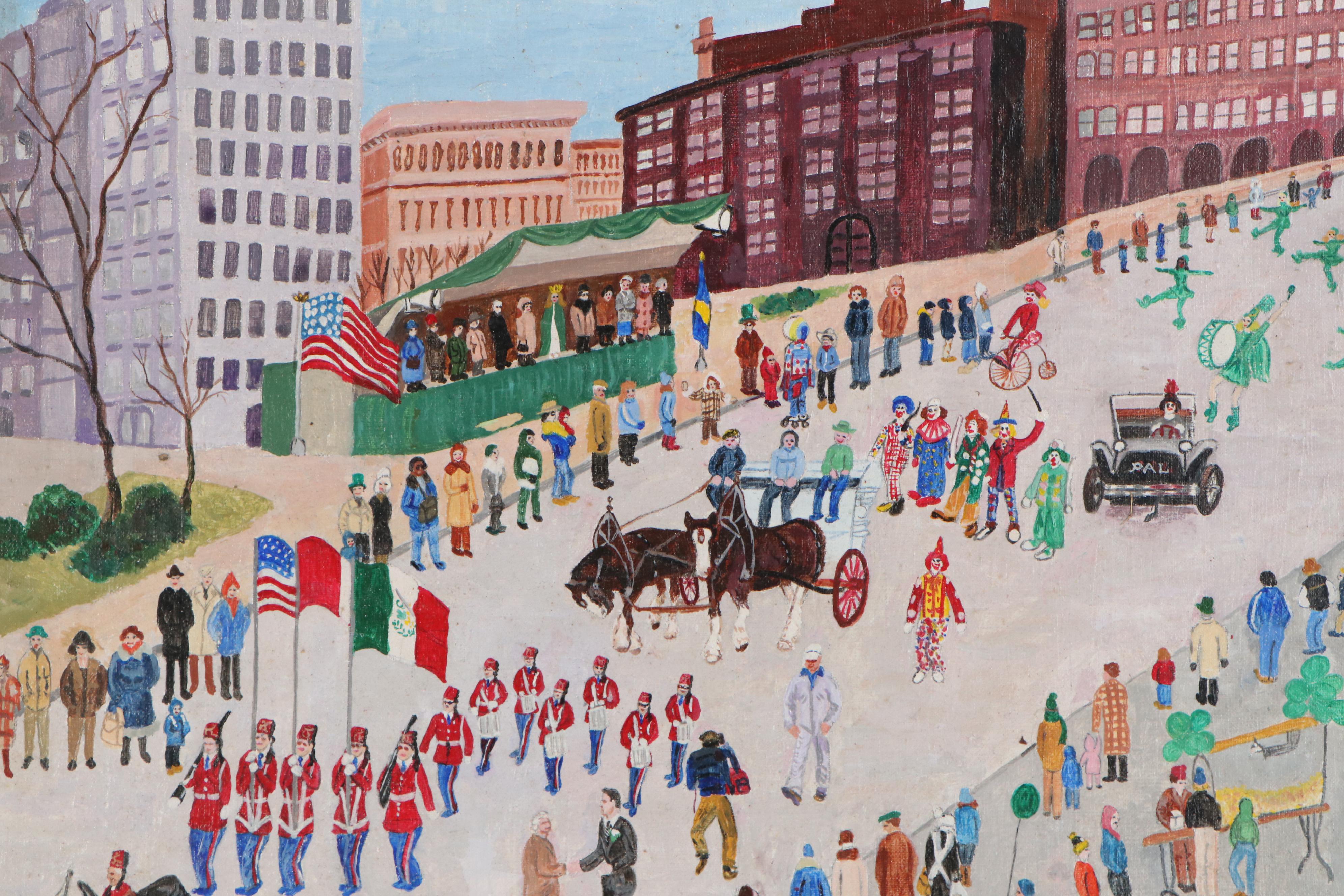 Inez Hess Folk Art Acrylic Painting of Parade Scene, Late 20th Century