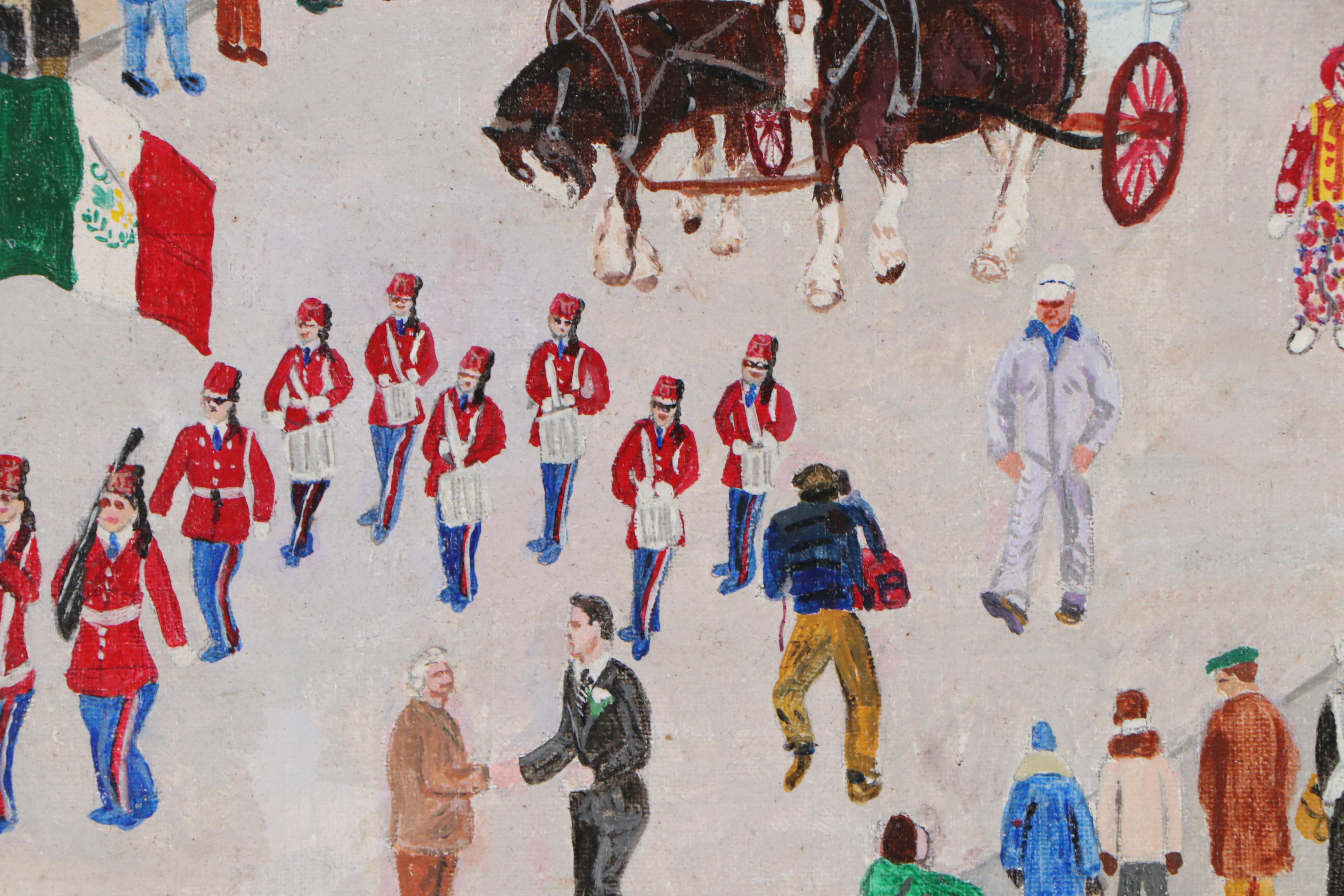 Inez Hess Folk Art Acrylic Painting of Parade Scene, Late 20th Century