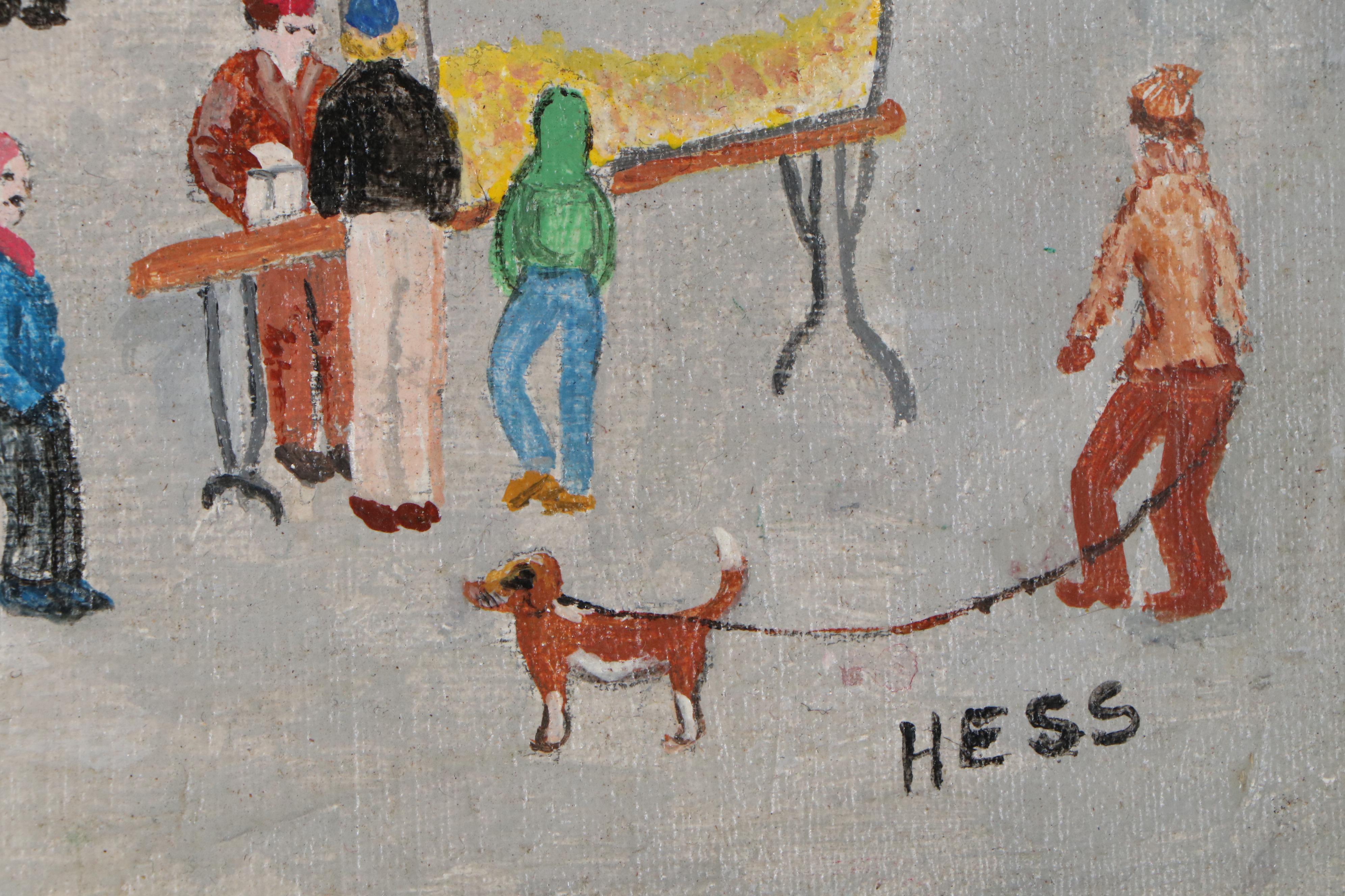 Inez Hess Folk Art Acrylic Painting of Parade Scene, Late 20th Century