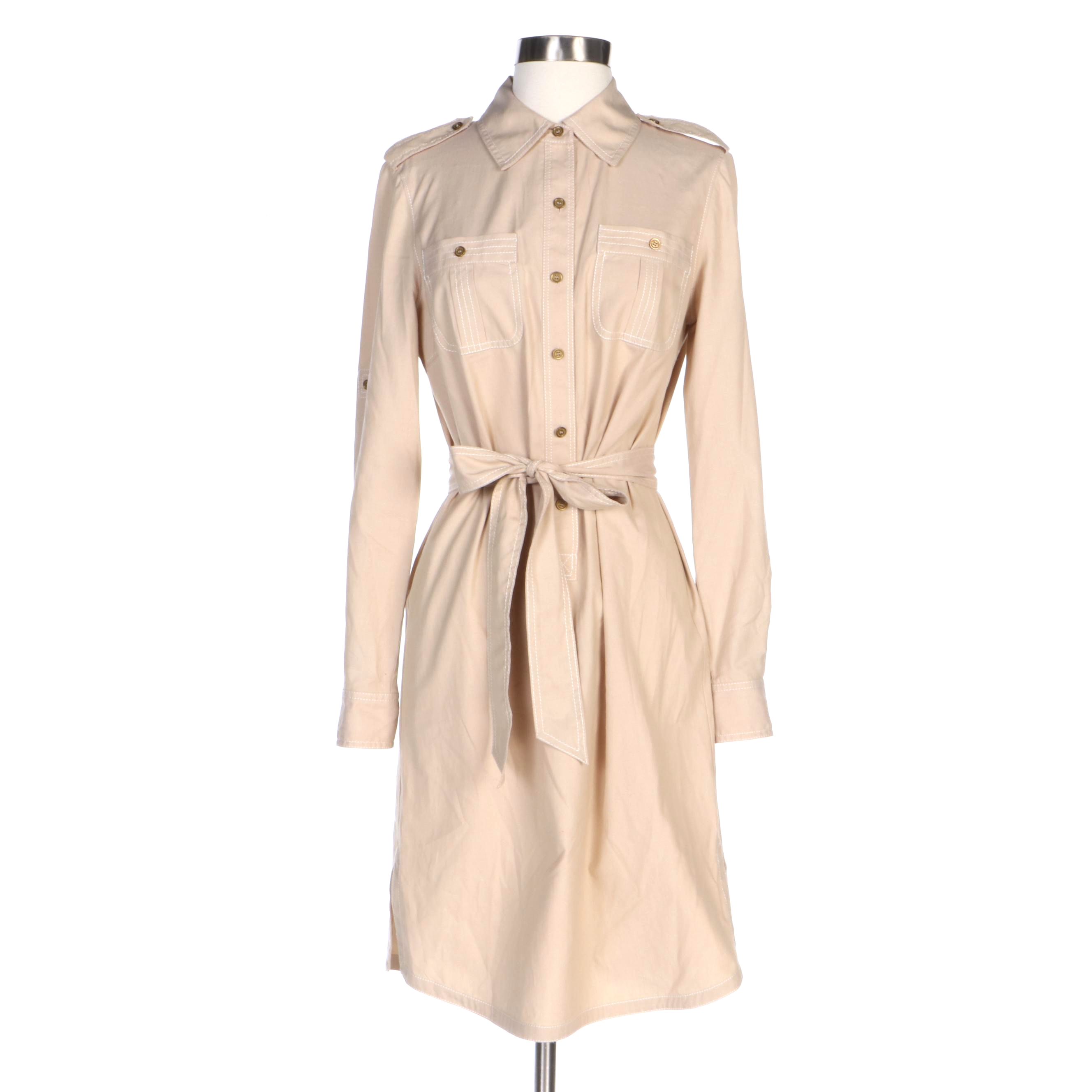 Tory Burch Khaki Cotton Shirt Dress with Tie Belt