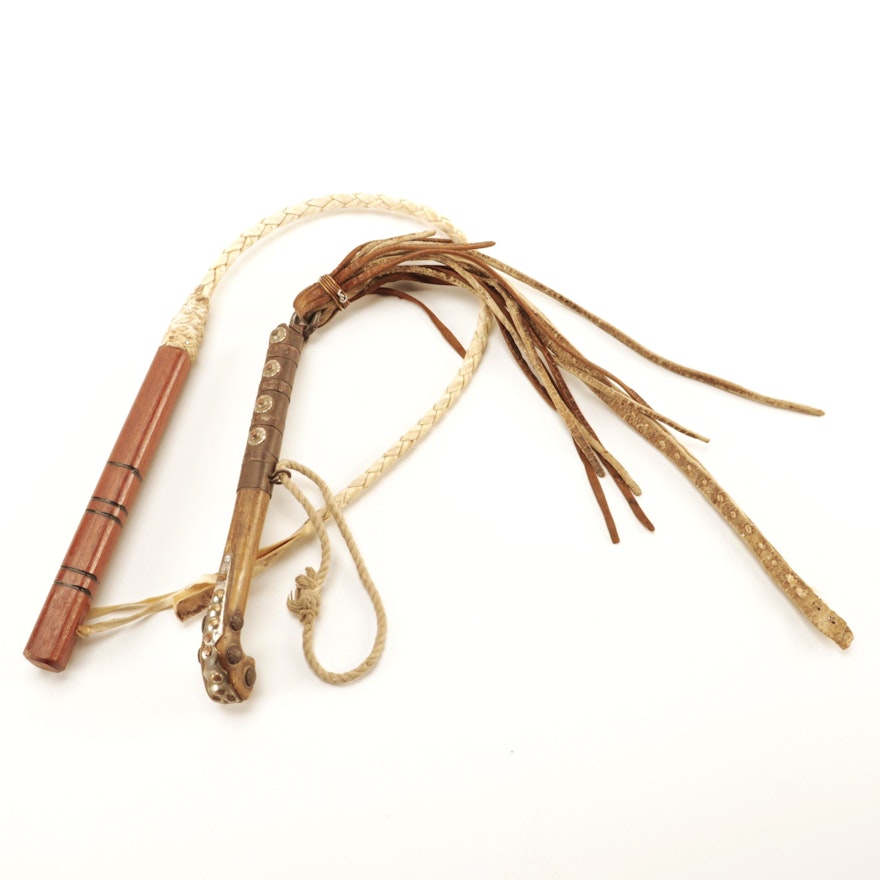 Decorative Wooden and Leather Bullwhips, Mid to Late 20th Century