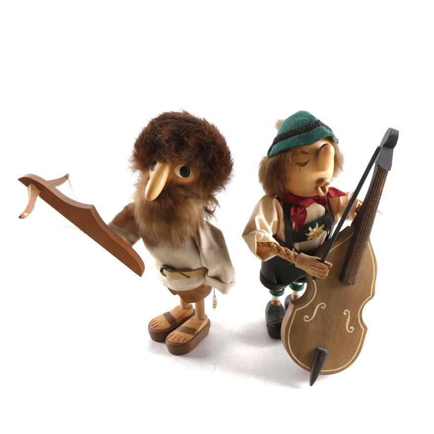 Anri Casy Boys Alpine Carved Wood Bowman and Bass Player Figurines