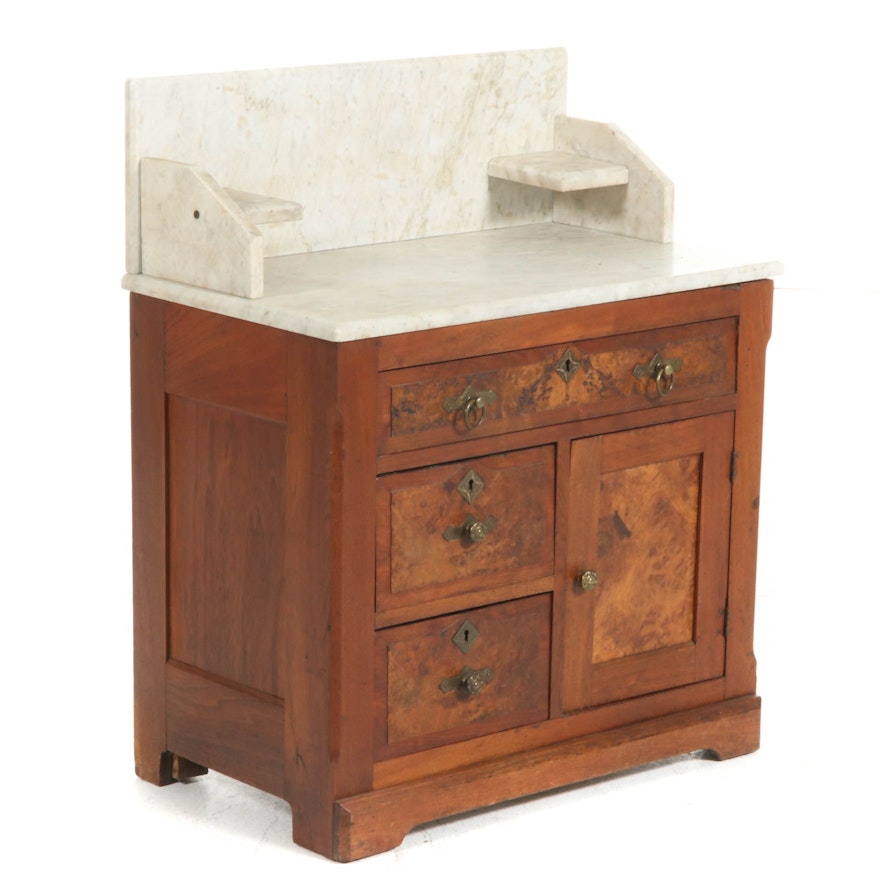 Victorian Walnut and Burl Walnut Marble-Top Washstand, Late 19th C.