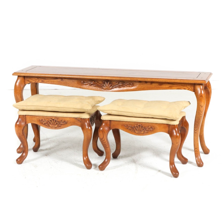 French Provincial-Style Oak Parquet-Top Console Table with Benches, Late 20th C.