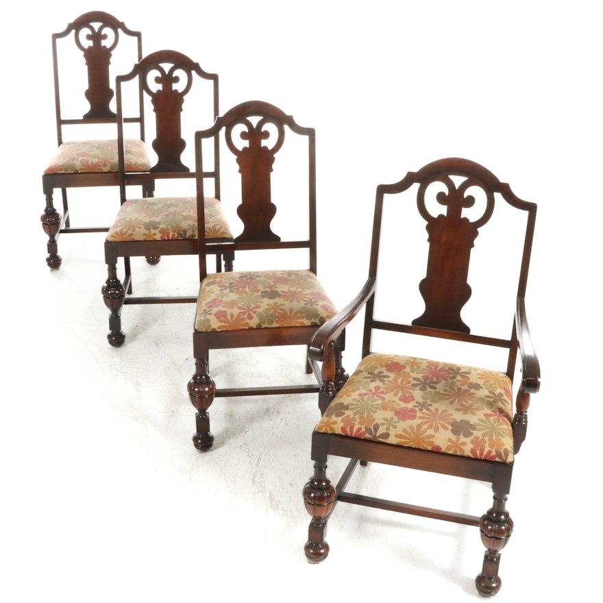 Four Jacobean Revival Upholstered Wood Dining Chairs, 20th Century