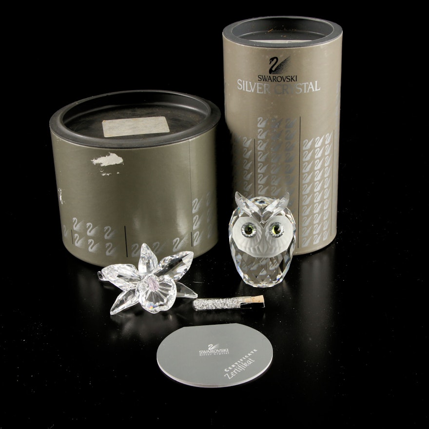 Swarovski Crystal-Filled Vial, Orchid Flower, and Owl Figurines