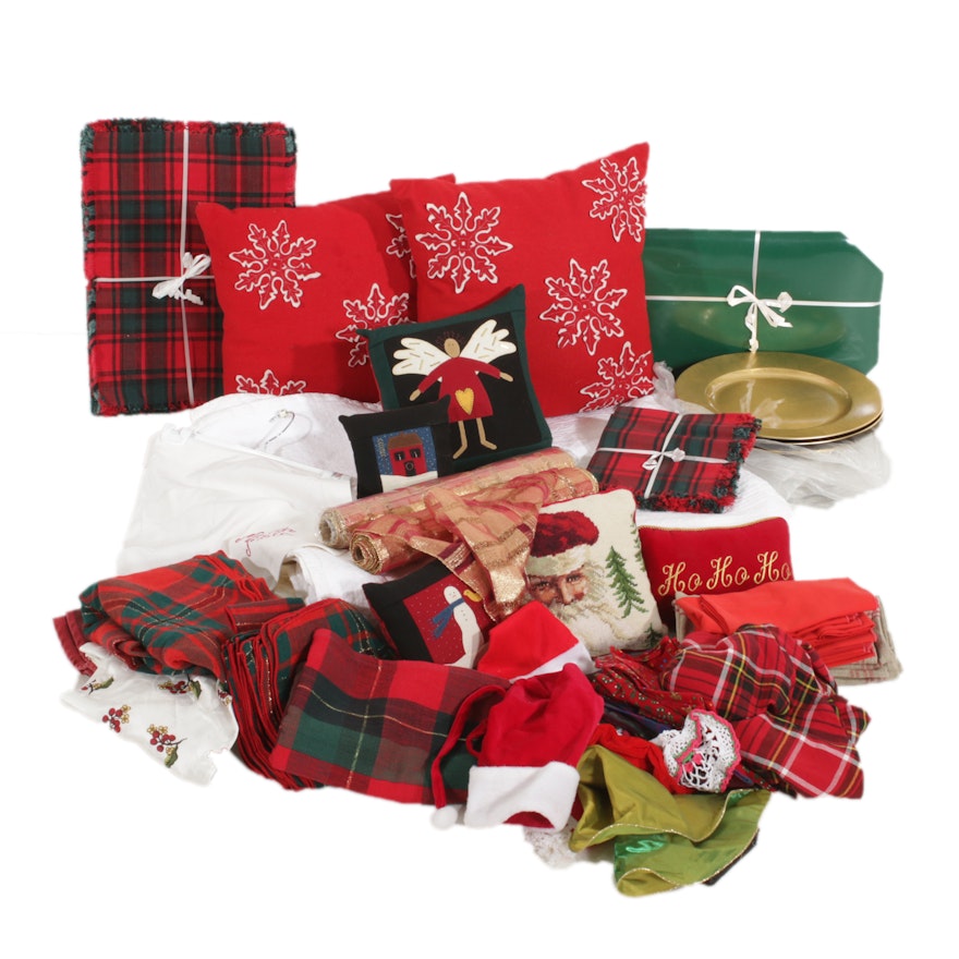 Christmas Table Linens, Coverlet, Pillows and More