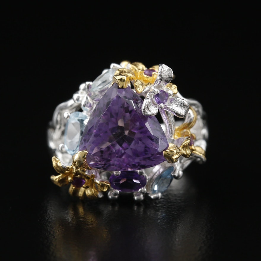 Sterling Silver Amethyst and Topaz Floral Ring