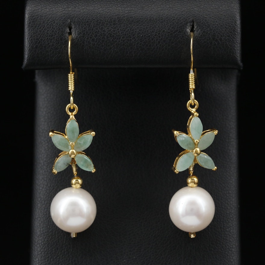 Sterling Silver Beryl and Pearl Floral Motif Earrings