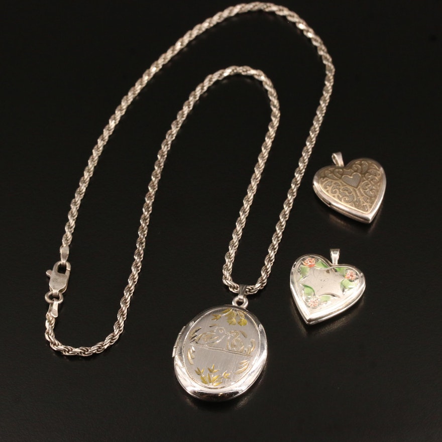 Sterling Locket Necklace and Heart Locket Pendants with Enamel and 14K Accents
