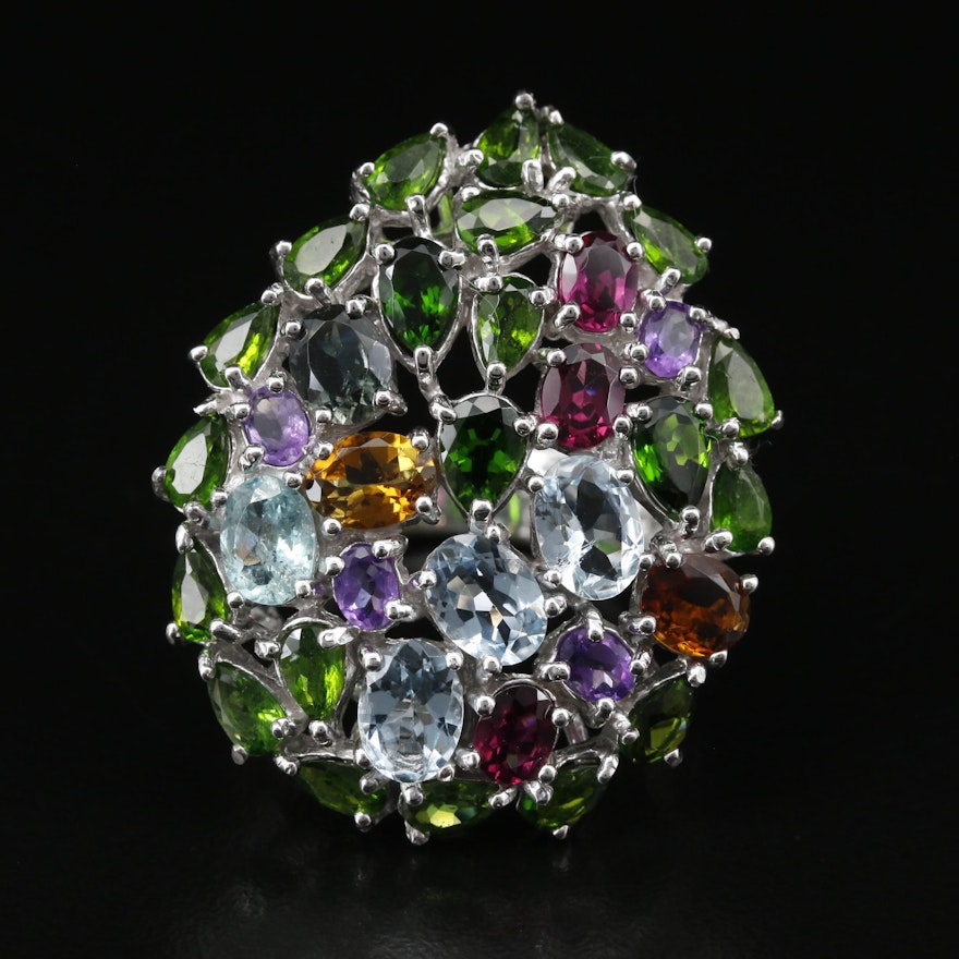 Sterling Silver Aquamarine, Diopside and Garnet Cluster Ring