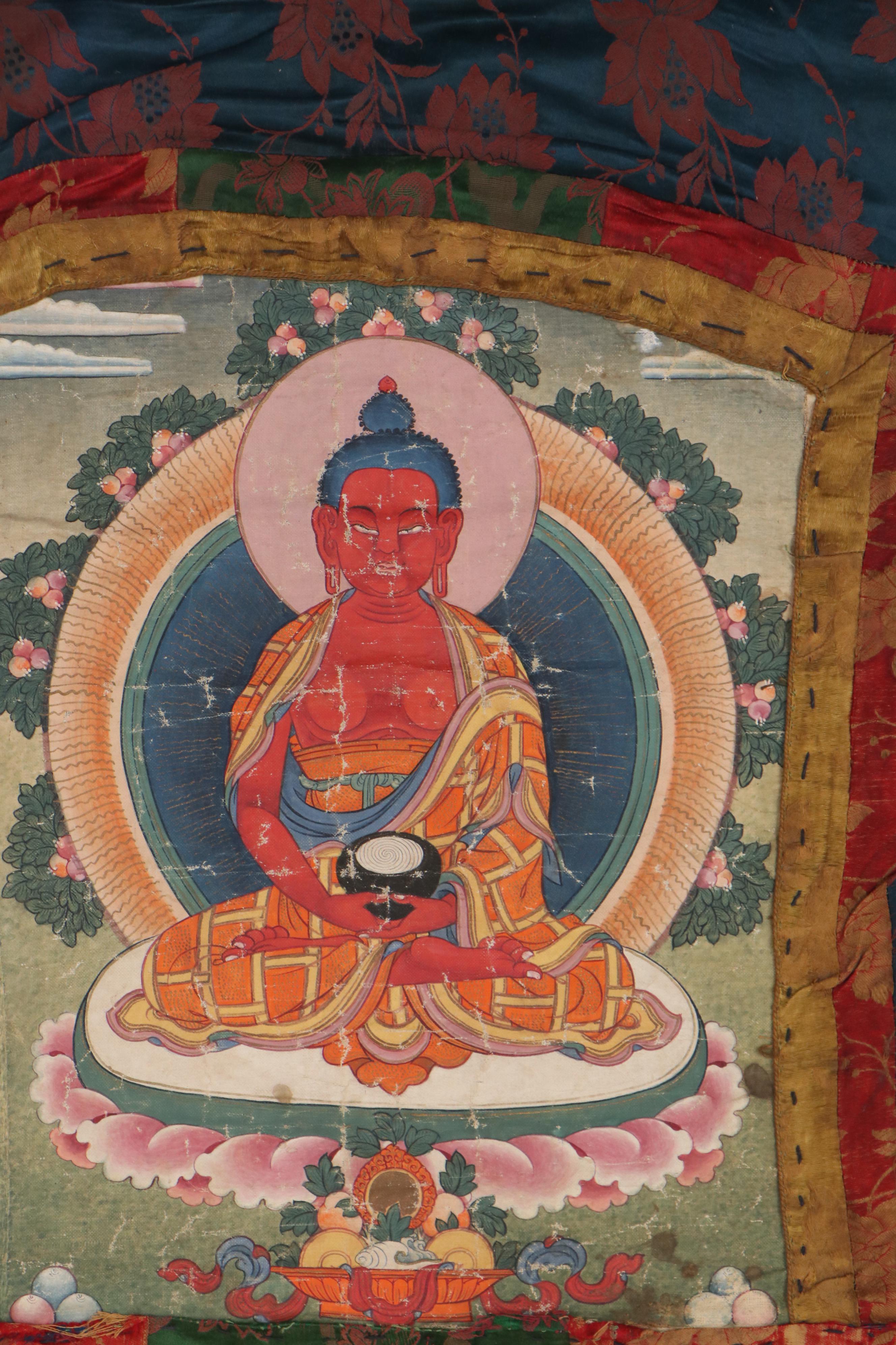 Tibetan Style Thangka Gouache Painting of Amitabha Buddha, 20th Century