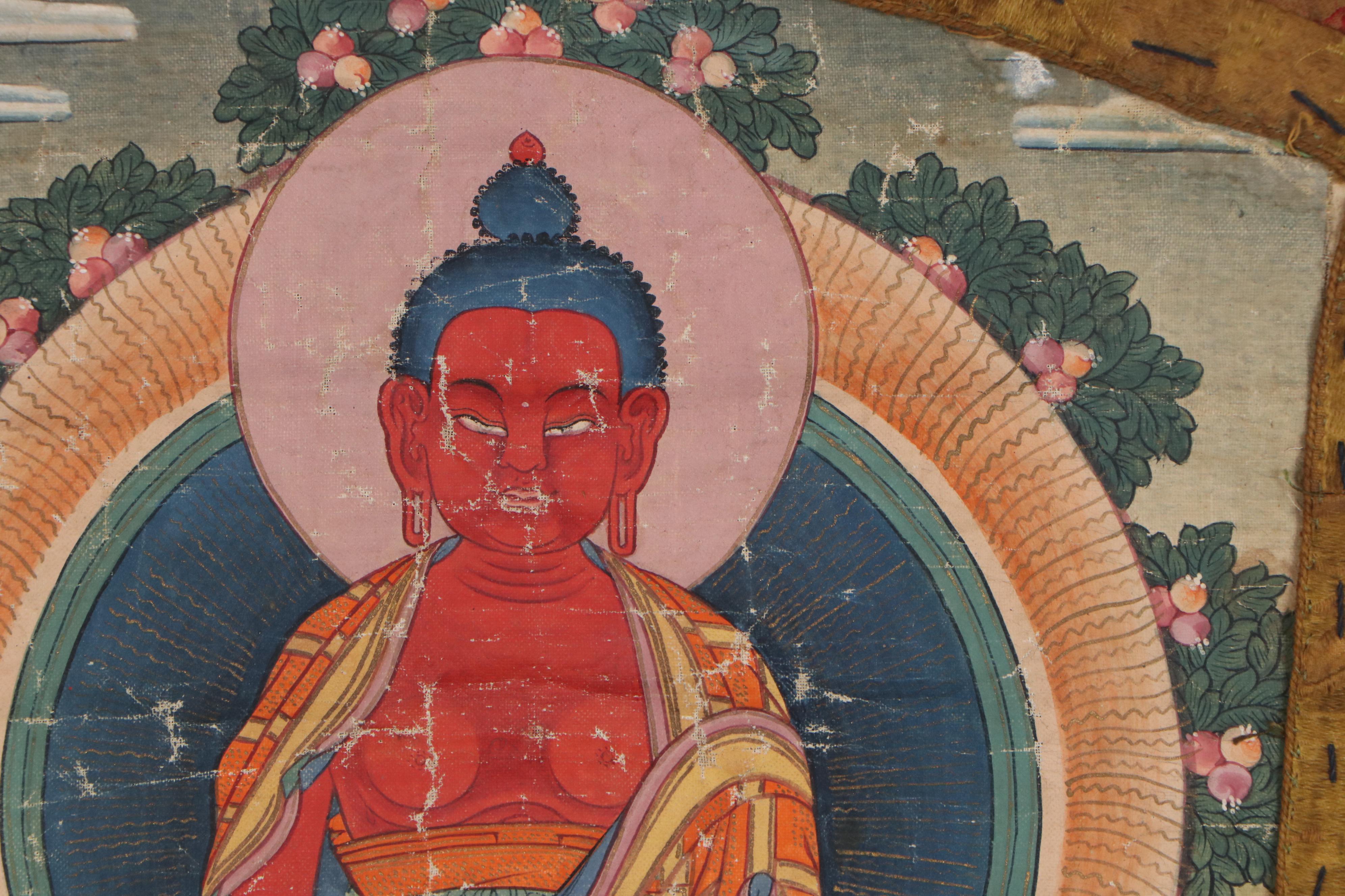 Tibetan Style Thangka Gouache Painting of Amitabha Buddha, 20th Century