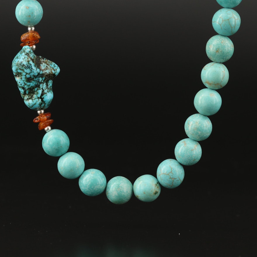 Magnesite and Copal Beaded Necklace with Sterling Silver Clasp