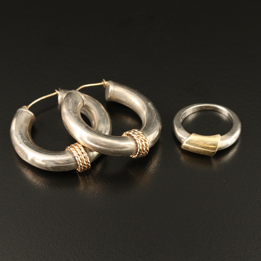 Sterling Hoop Earrings and Ring with 18K and 14K Accents