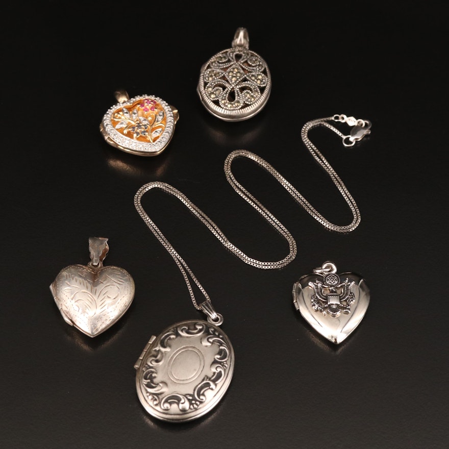 Sterling Silver Locket Necklace and Lockets Including Ruby and Sapphire