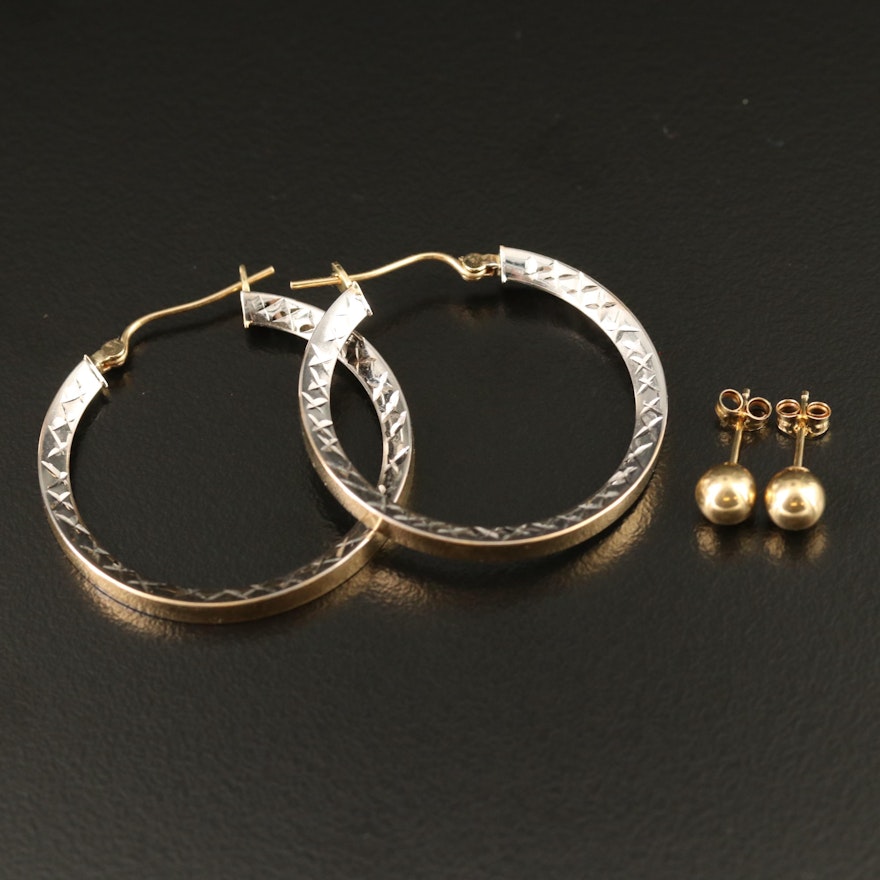 14K Two-Tone Diamond Cut Hoop and Sphere Stud Earrings