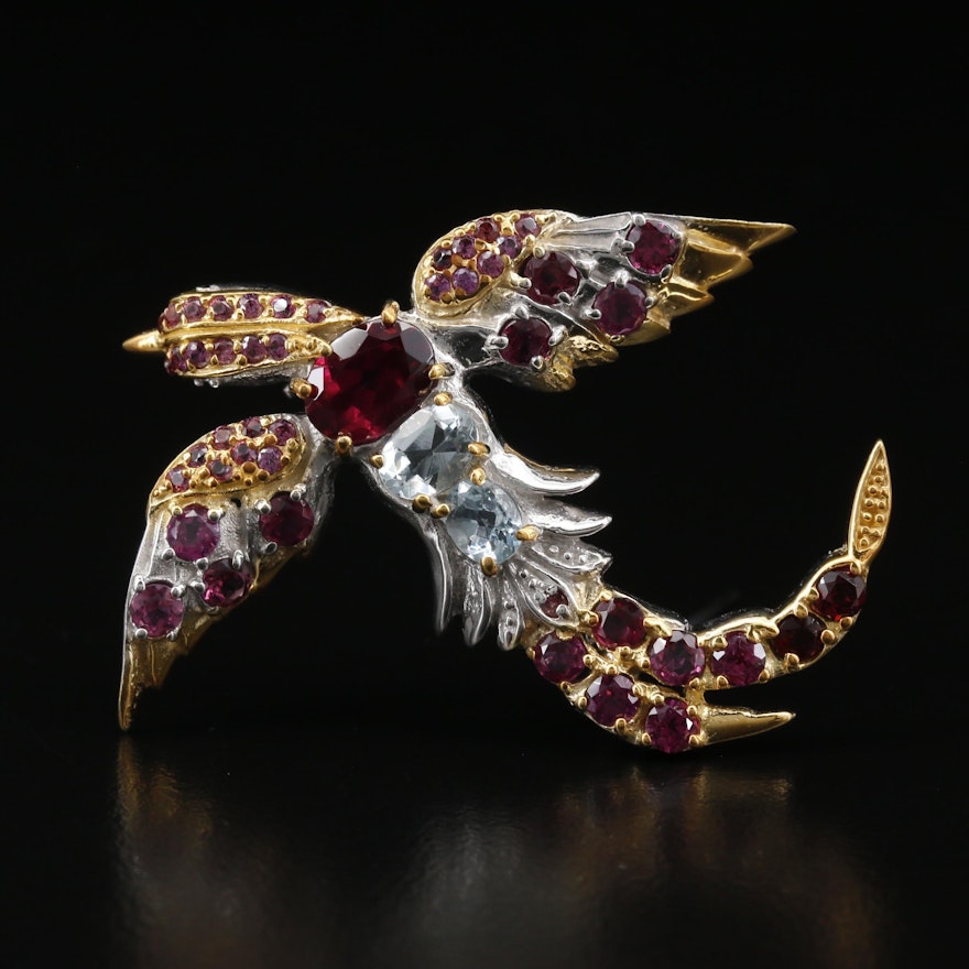 Sterling Silver Rhodolite Garnet and Aquamarine Bird Brooch