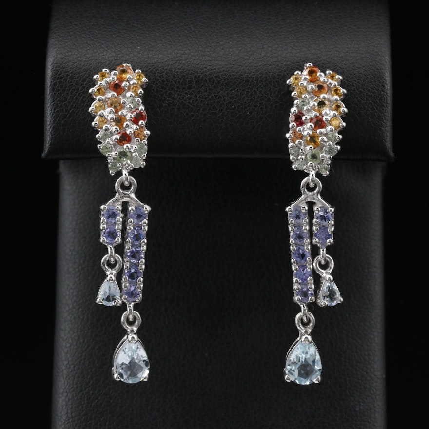 Sterling Silver Dangle Earrings Featuring Aquamarine, Sapphire and Tanzanite