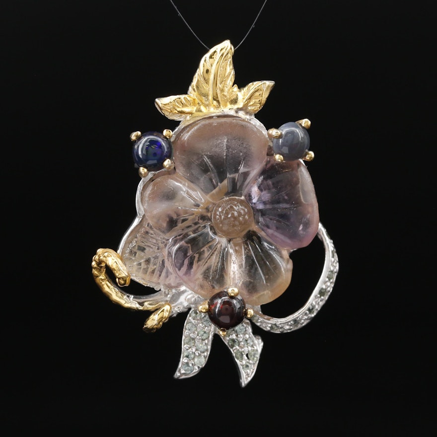 Sterling Flower Converter Brooch Featuring Carved Fluorite, Opal and Sapphires