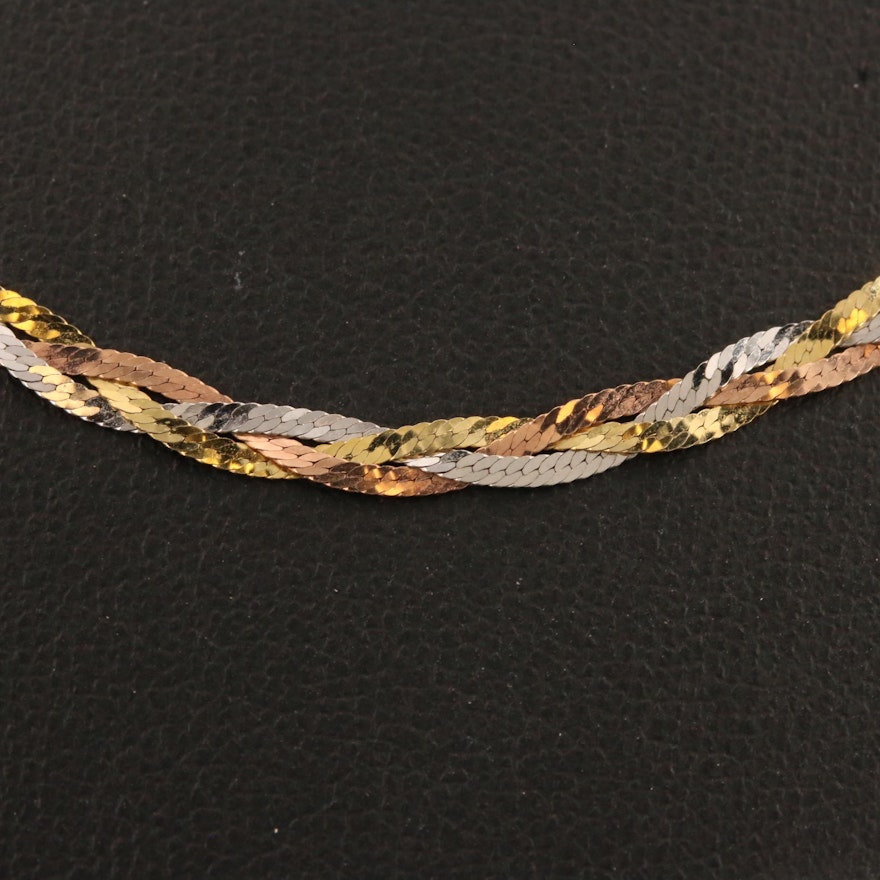 14K Tri-Color Braided Herringbone Chain Necklace