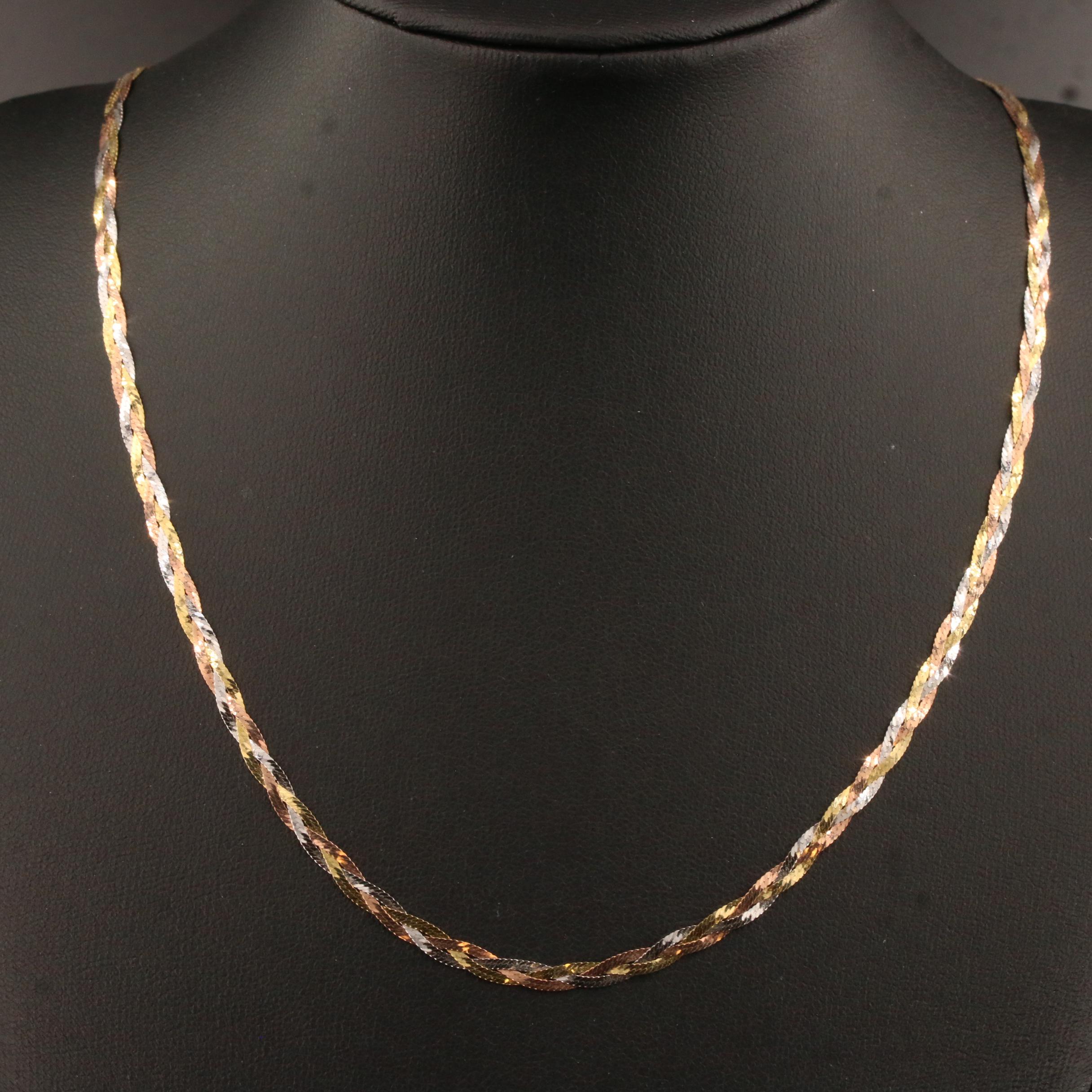 14K Tri-Color Braided Herringbone Chain Necklace