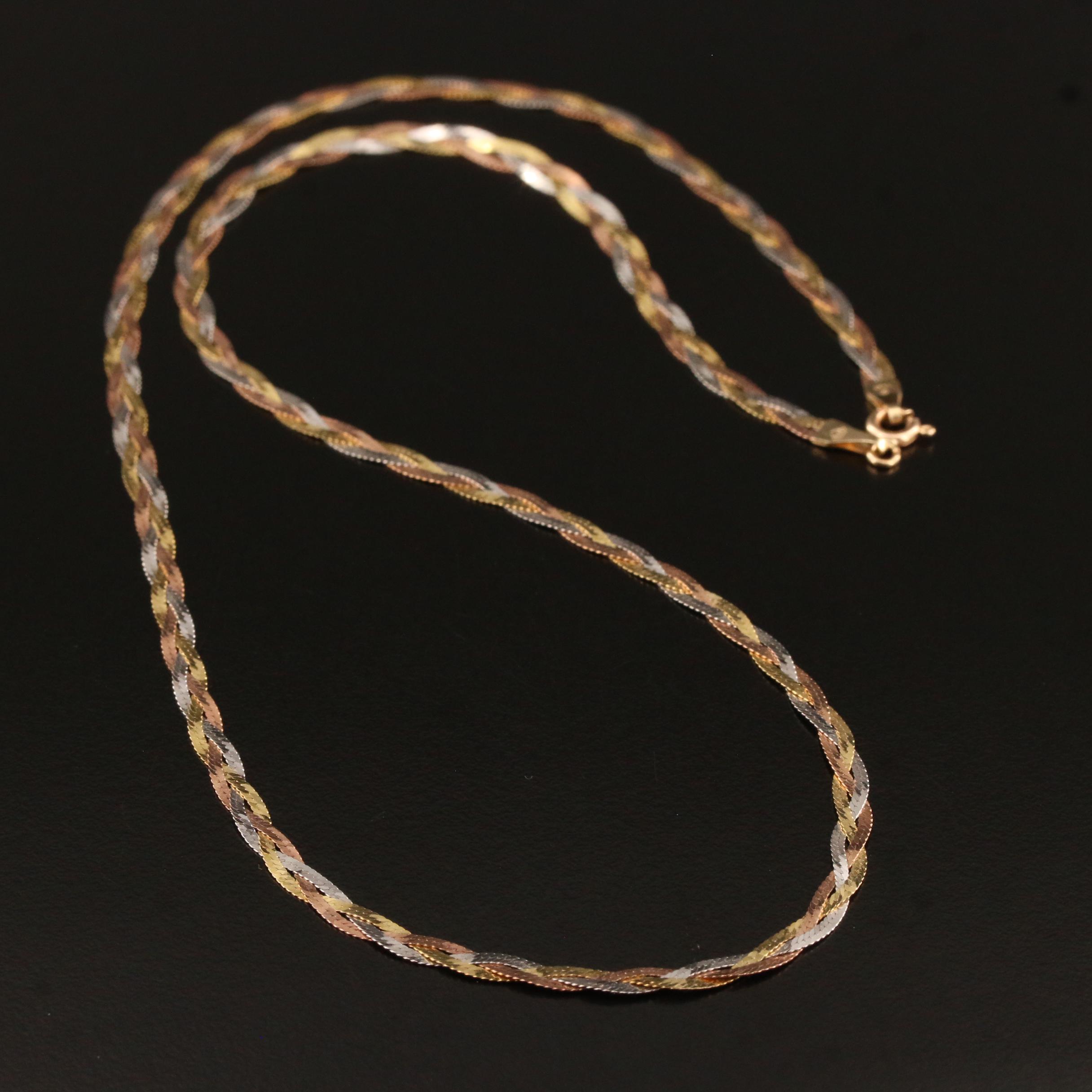 14K Tri-Color Braided Herringbone Chain Necklace