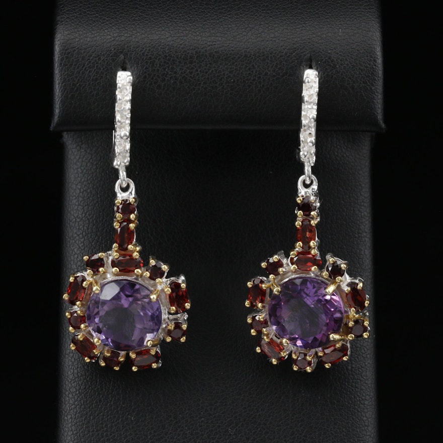 Sterling Silver Amethyst and Garnet Drop Earrings