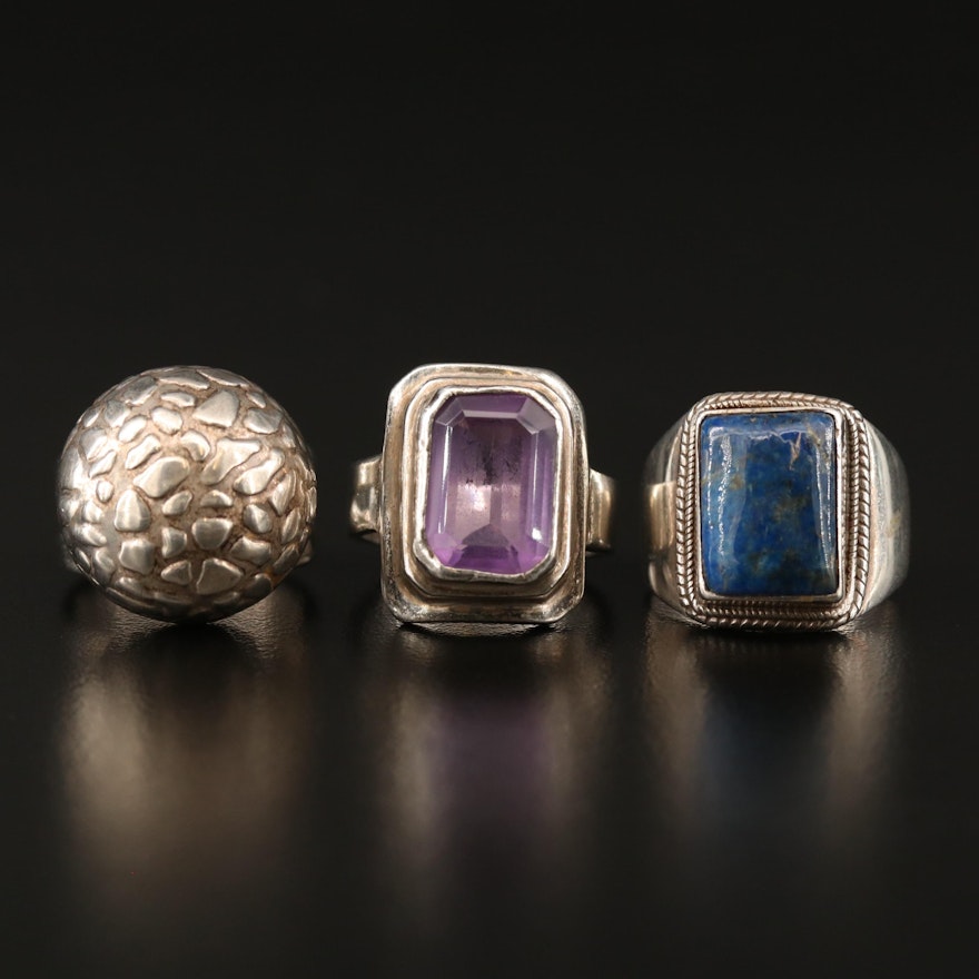 Sterling Rings with Lapis Lazuli, Amethyst and Sajen Textured Dome Ring