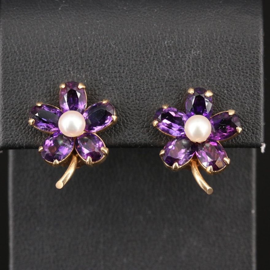 14K Pearl and Amethyst Flower Earrings