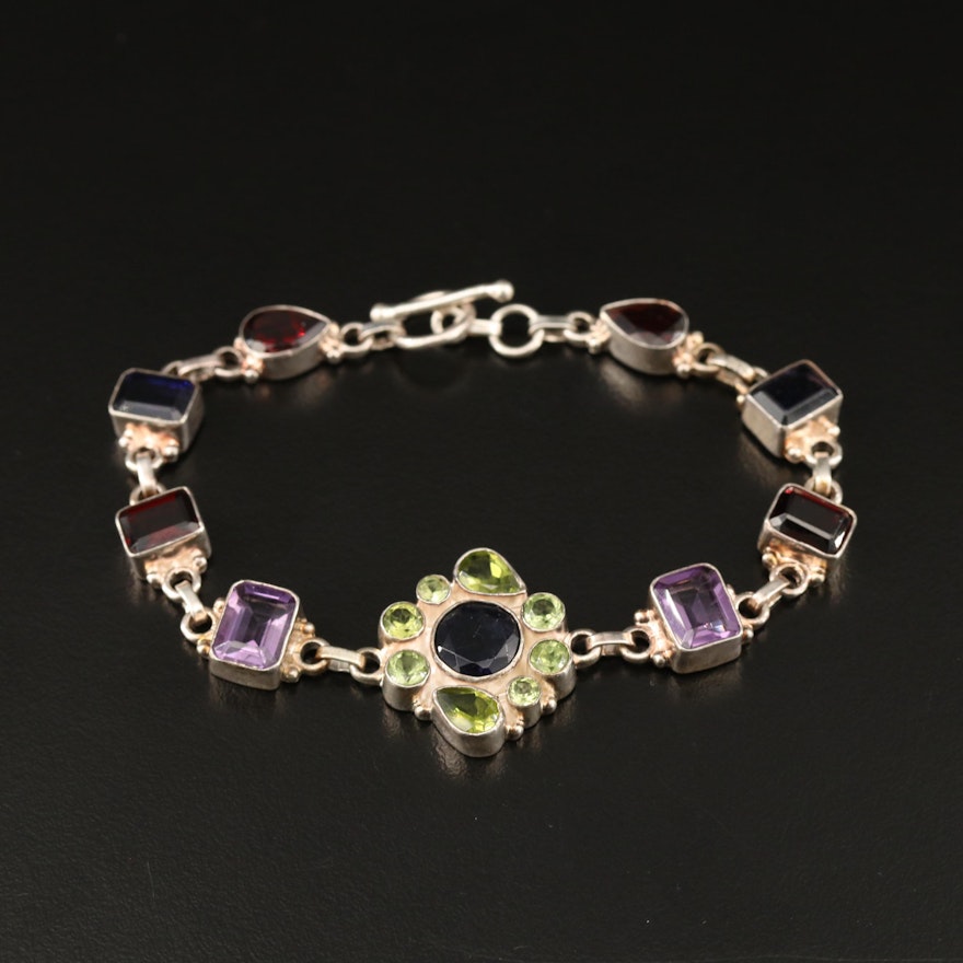 Sterling Silver Iolite, Amethyst, Peridot and Garnet Bracelet