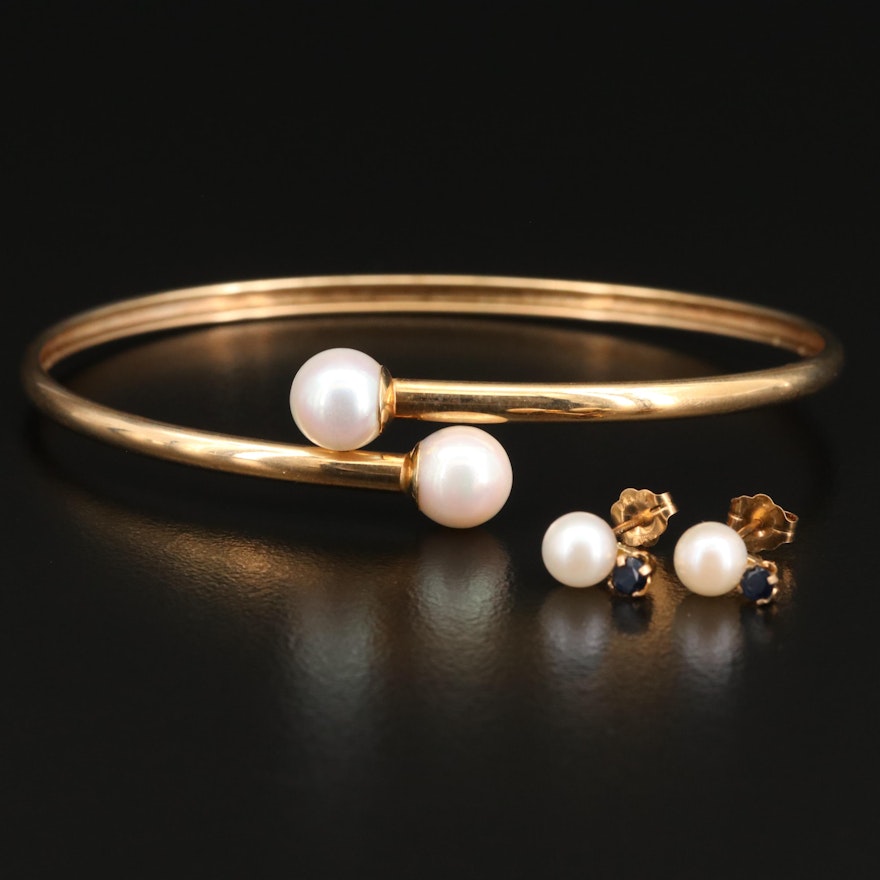 14K Pearl Bypass Bracelet with Pearl and Sapphire Earrings