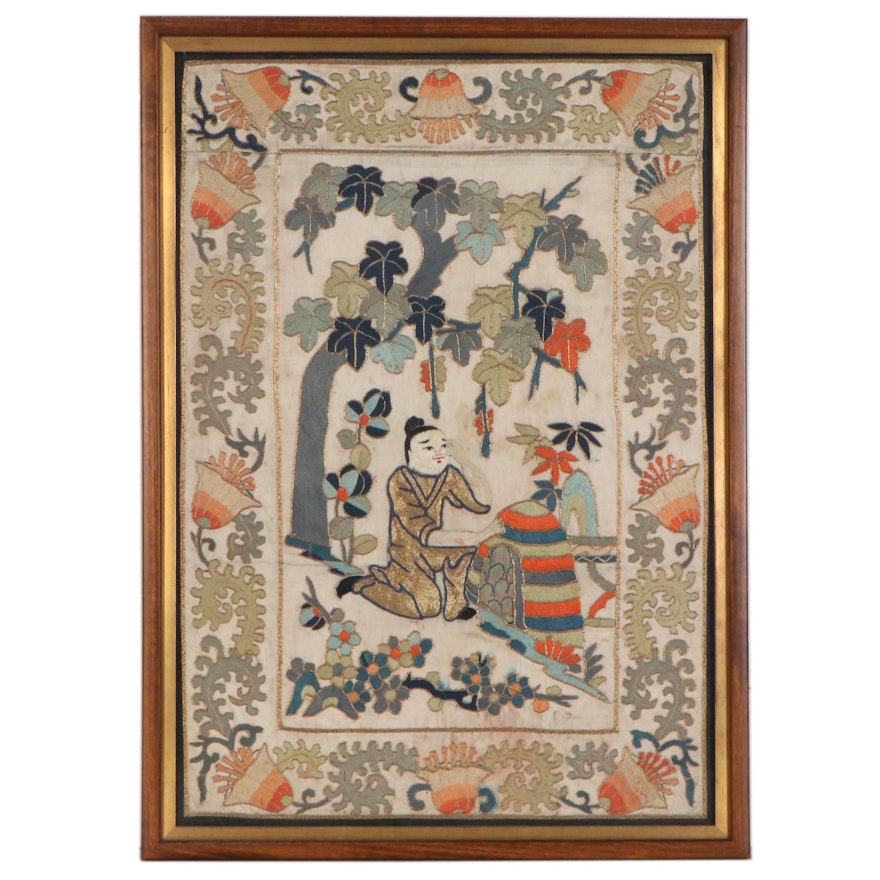 Chinese Handmade Silk and Goldwork Embroidery Panel, Early to Mid-20th Century