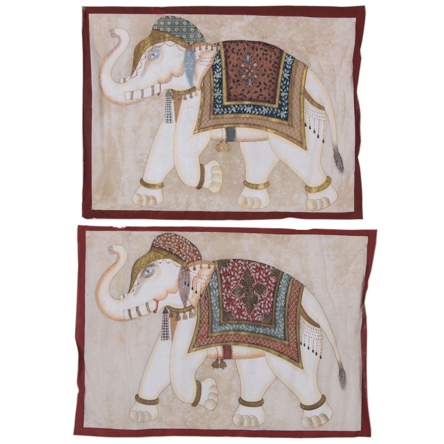 Persian-Indian Mughal Style Gouache Paintings of Elephants