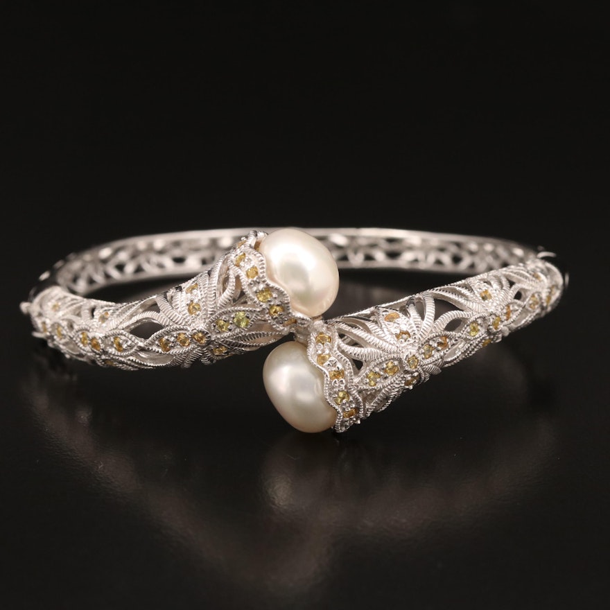 Sterling Pearl and Sapphire Openwork Bypass Bangle