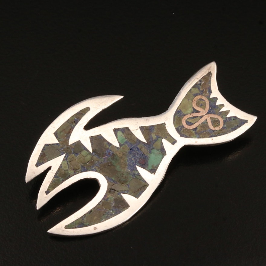 Taxco Mexico Sterling Silver Turquoise and Gemstone Fish Brooch