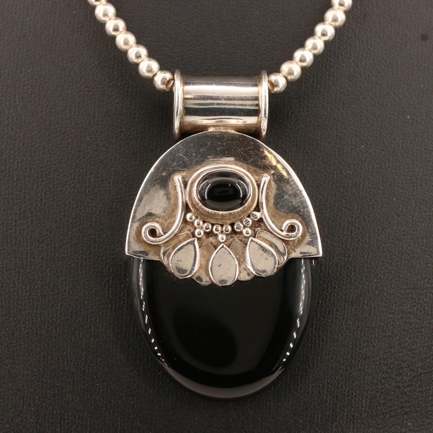 Sterling Black Onyx Slide Pendant on Bead Chain Necklace