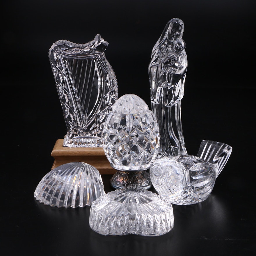 Waterford Crystal Madonna and Child, Harp, and Egg Figurines with Paperweights