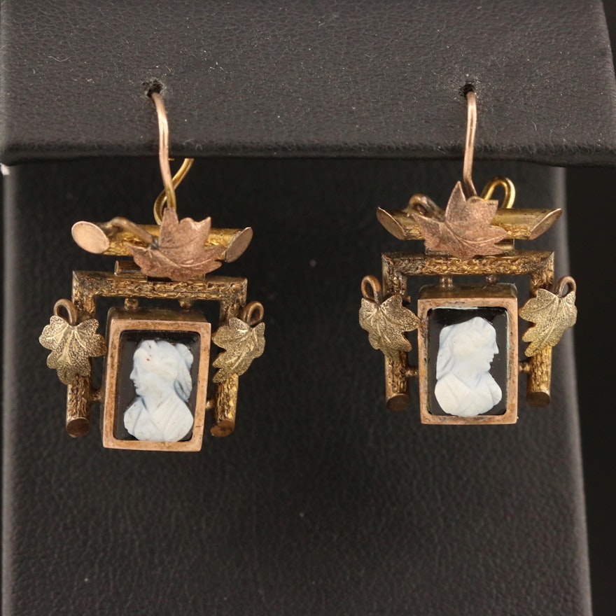 Vintage Banded Onyx Cameo, Tri-Color Foliate Motif Drop Earrings