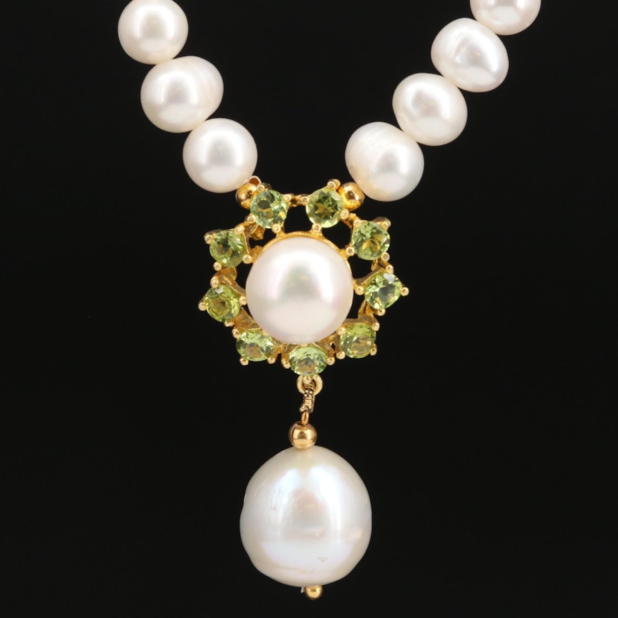 Pearl Drop Necklace with Peridot Accents and Sterling Silver Clasp