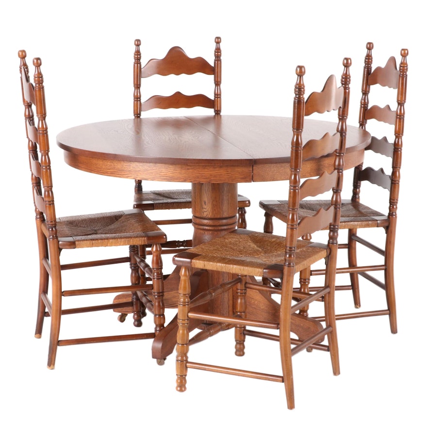 Oak Expandable Pedestal Table and Ladderback Chairs Dining Set, 20th Century