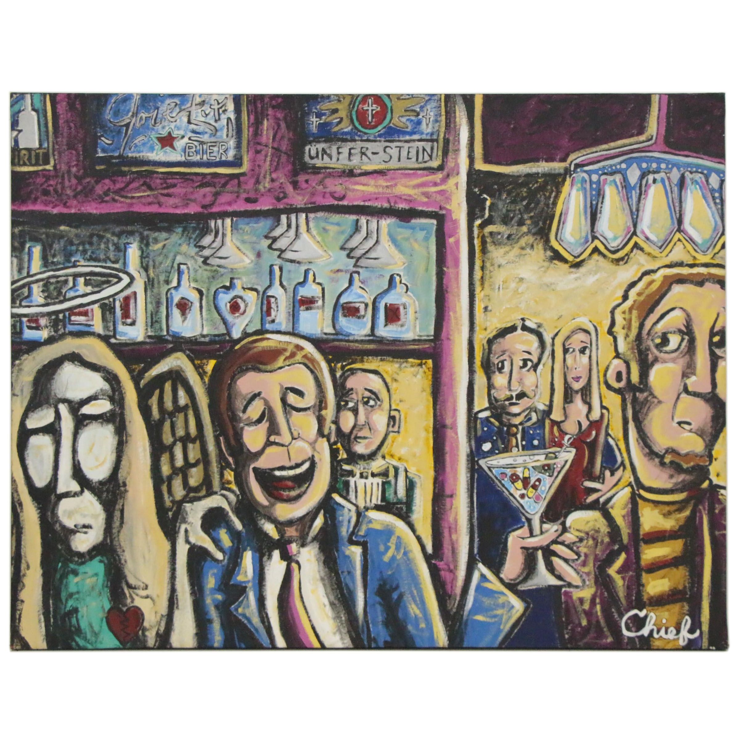 Big Chief Folk Art Oil Painting "Angel in Bar Room," 21st Century