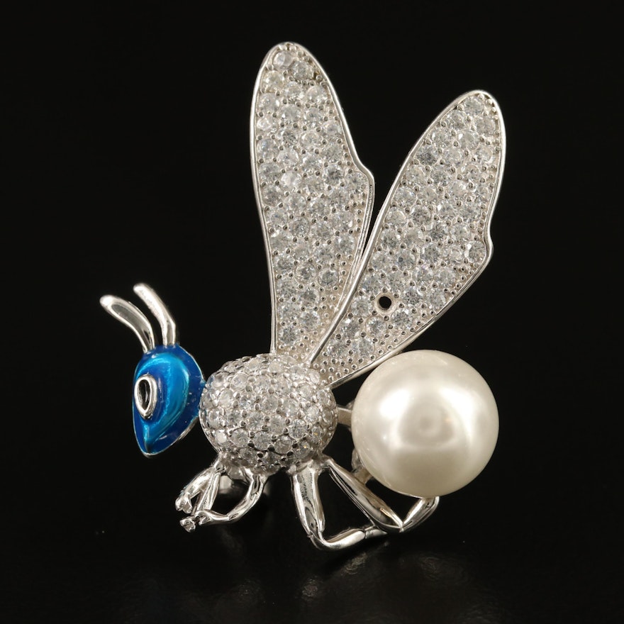 Sterling Silver Faux Pearl, Enamel and Cubic Zirconia Insect Brooch