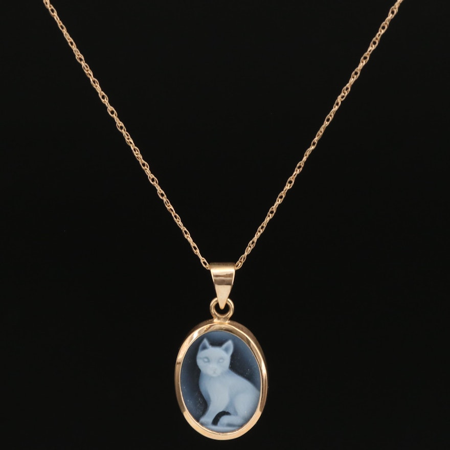 14K Carved Onyx Cat Pendant Necklace