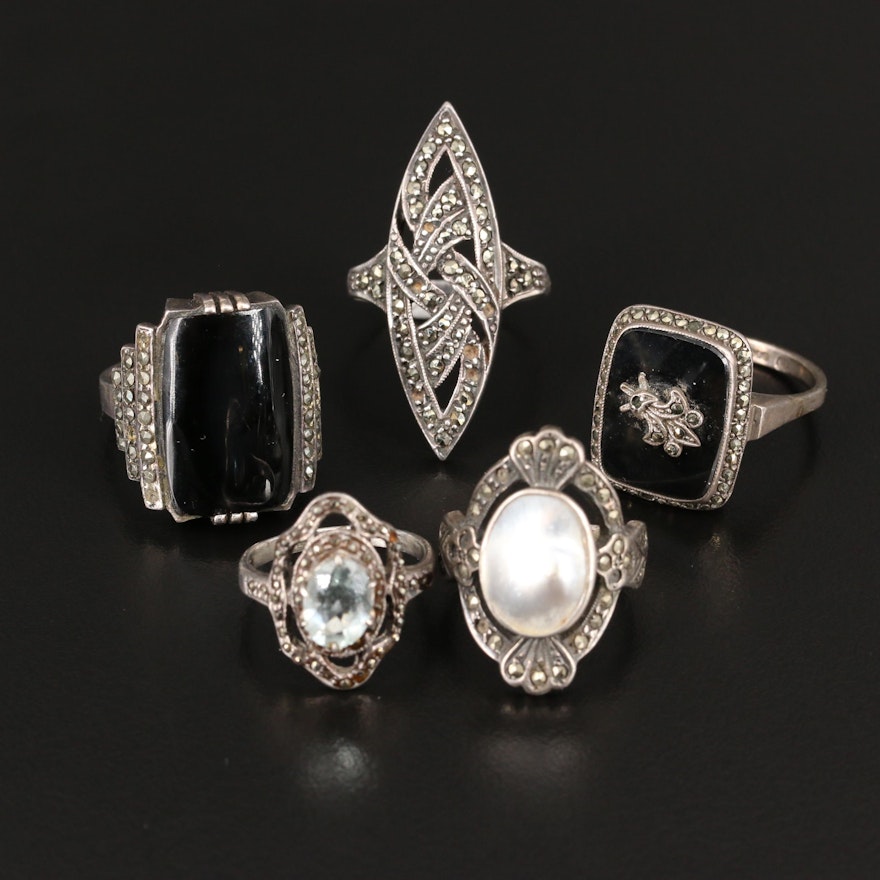 Vintage Mixed Silver Rings Including Black Onyx, Marcasite and Aquamarine